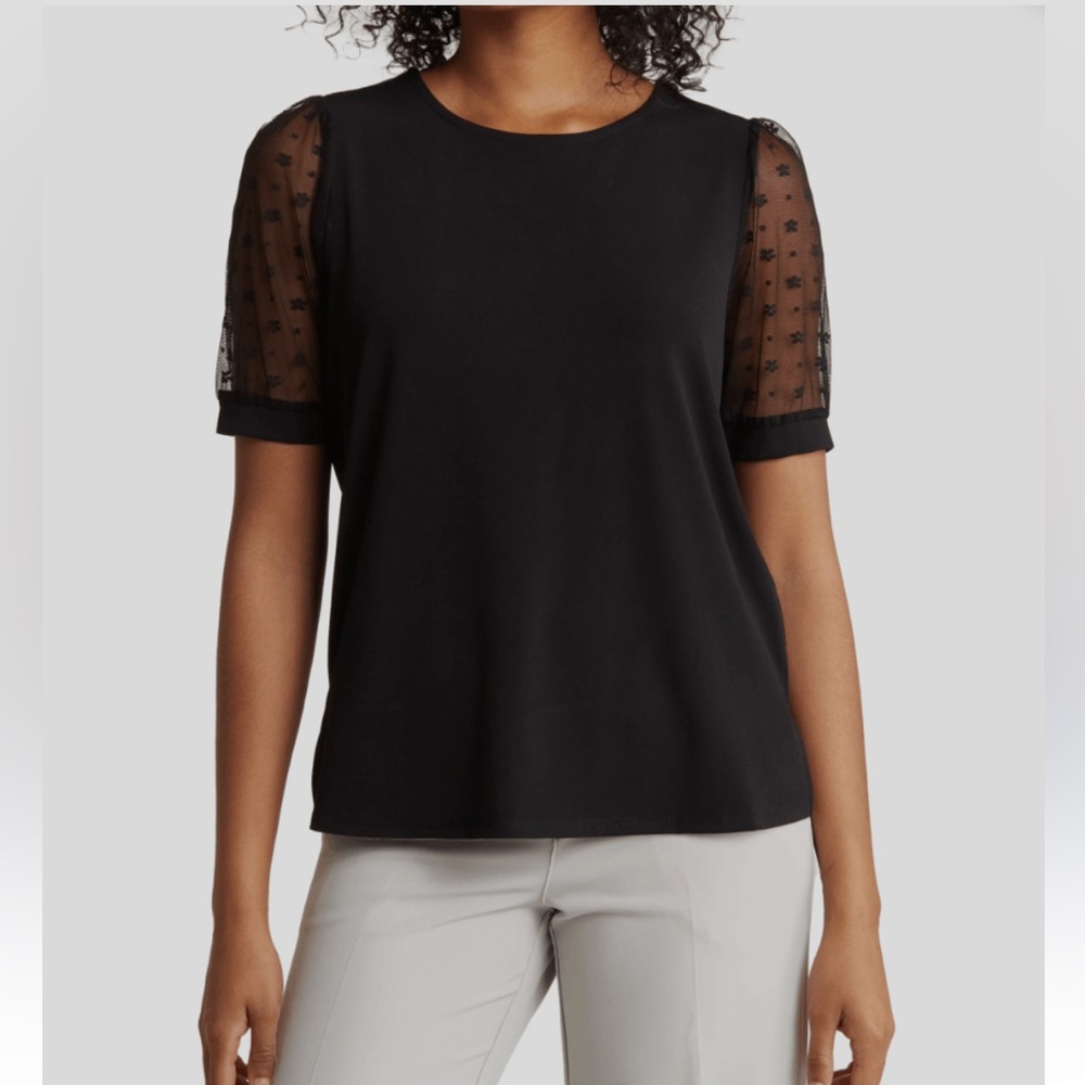 Adrianna Papell Mesh dot Short Sleeve blouse